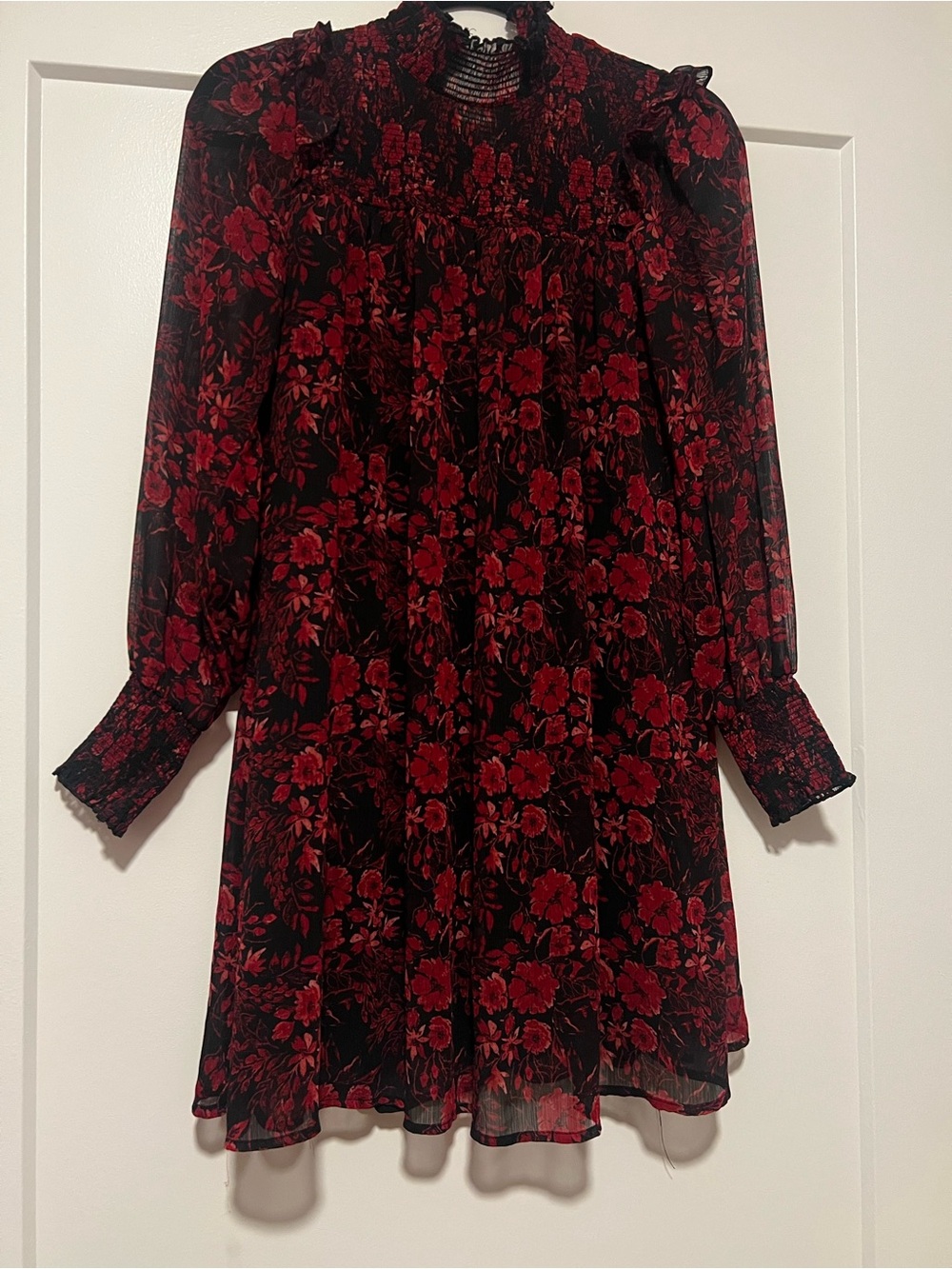Black and Red Floral Smocked Mini Dress